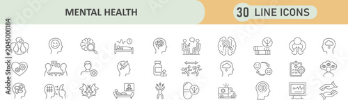 Photos Mental health and psychological well being 30 line icons with psychology wellbei