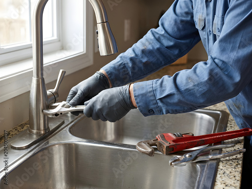 Professional Plumber Repairing Modern Kitchen Faucet with Adjustable Wrench and Plumbing Tools, Close Up Hands at Work, Residential Maintenance Service, Home Plumbing Repair