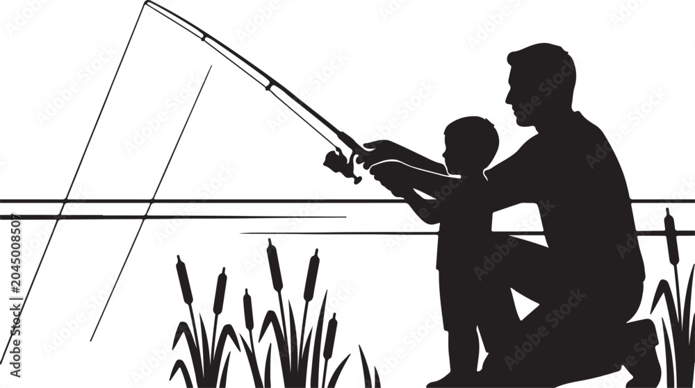 Naklejka premium Happy Fathers Day Serene Father and Child Fishing by Calm Lake Silhouette Vector