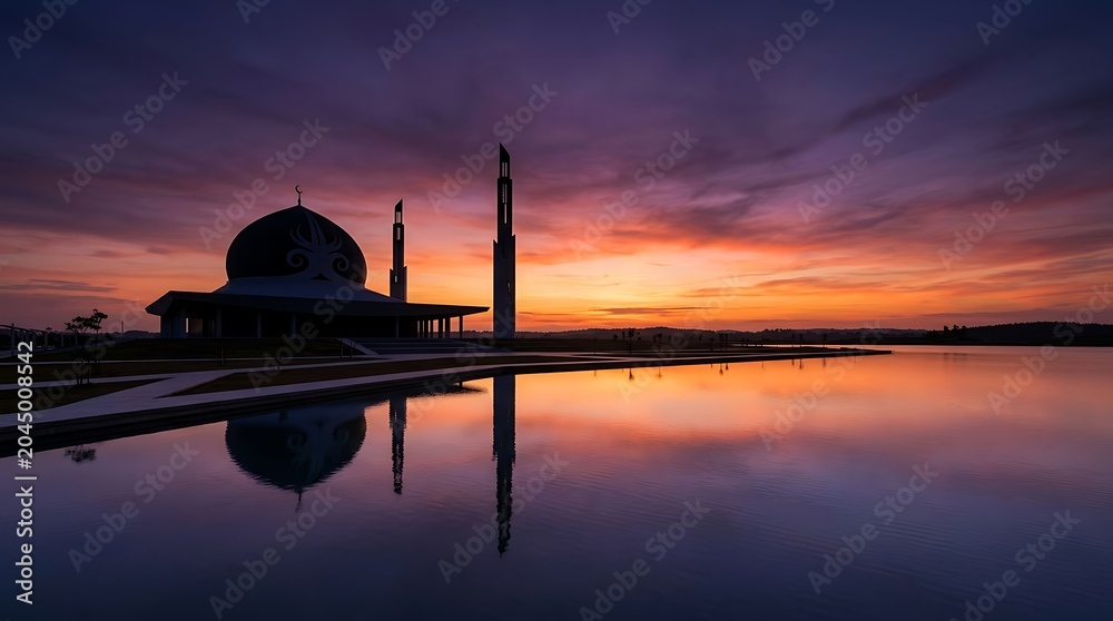 Obraz premium Beautiful mosque silhouette reflecting on water during vibrant sunset