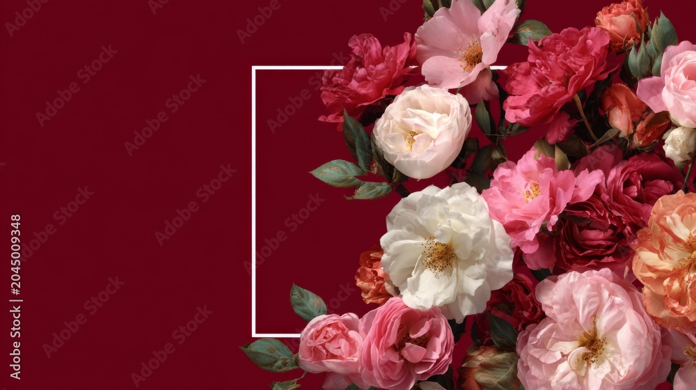 Fototapeta premium Elegant Romantic Floral Arrangement with Roses in a Frame on a Deep Red Background