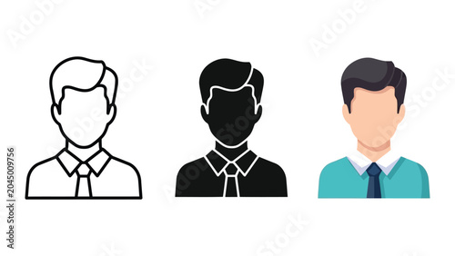 Male avatar set with line art silhouette and flat color vector illustration