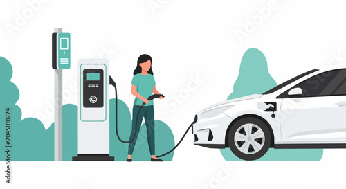Flat Vector Illustration of a Woman Charging a White Electric Car at an EV Station