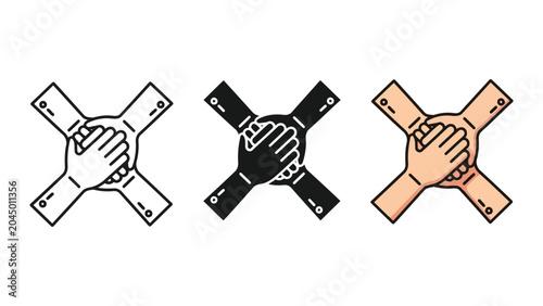 Hands stacked together vector illustration set showing teamwork and unity
