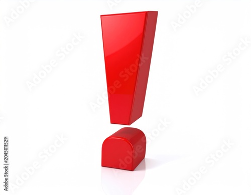 A bold, shiny red exclamation mark on a white background