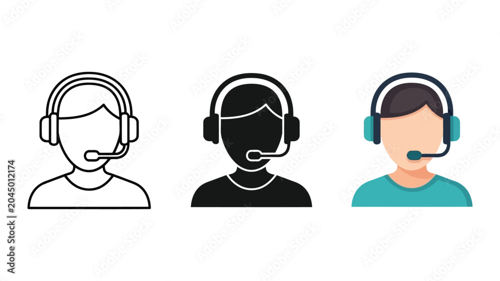 Fototapeta premium Customer support operator icons set with line art silhouette and flat illustration styles