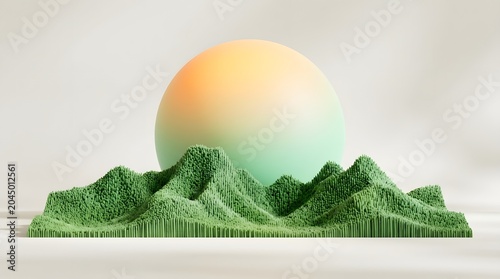 Minimalist 3D green mountain landscape with large gradient sun rising behind hills on clean white background showing nature sustainability tranquility and abstract eco friendly environment in soft 