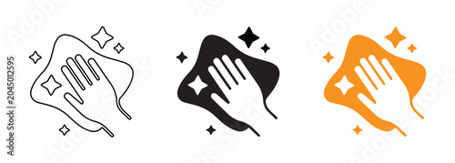 Slika na platnu Cleaning icon set with hand wiping a surface with a cloth and sparkles