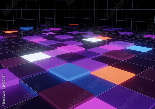 Abstract neon grid floor futuristic digital landscape with illuminated rectangular platforms