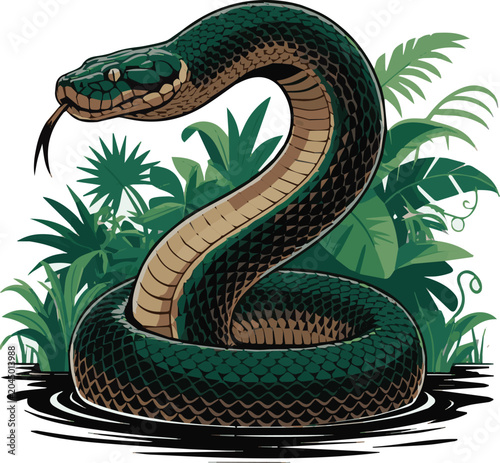 Bild auf Leinwand Isolated on Giant anaconda swimming in water with dense jungle vector art on whi
