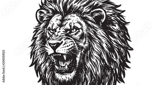 Roaring Lion Head, Black and White Vector Illustration, Animal Portrait, Wildlife Graphic