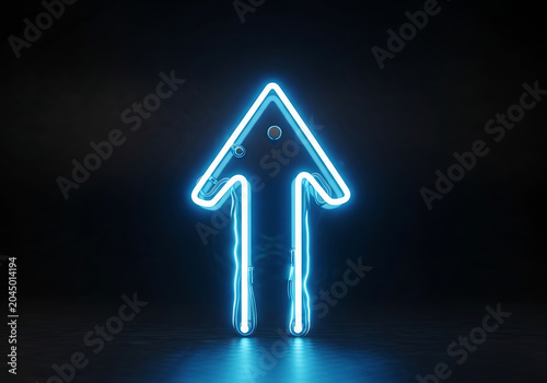 Neon blue upward arrow icon on dark surface growth concept digital illustration modern design element