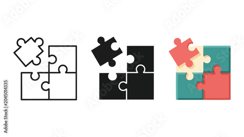 Jigsaw puzzle pieces vector illustration in outline silhouette and flat color styles
