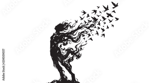 Silhouette of woman with flowing hair, birds flying out, freedom concept, black vector illustration