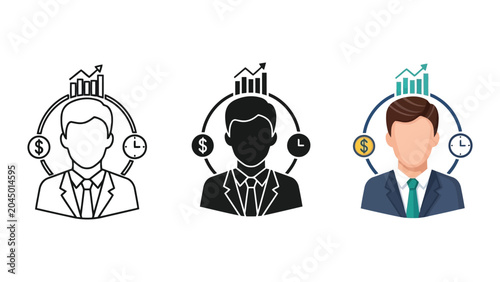 Businessman avatar set with financial growth and time management icons vector illustration