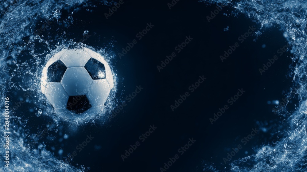 Naklejka premium Dynamic Soccer Ball Splashing Through Water with Bold Frame and Action-packed Theme for Sports Enthusiasts