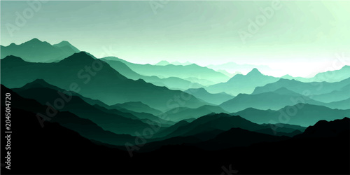 Φωτογραφία Ethereal mountain range bathed serene cyan mist, evoking profound tranquility and majestic natural beauty