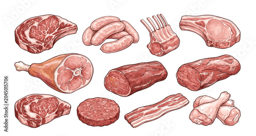 Bild auf Leinwand Meat product vector hand drawn illustration set