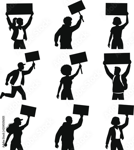 Foto Black silhouettes of nine people in various poses holding blank rectangular sign