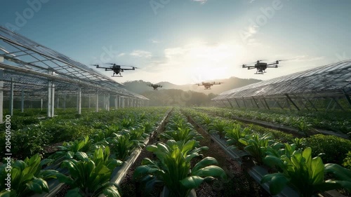 Multiple agricultural drones flying over a lush green crop field at sunrise with advanced technology monitoring plants and automated farming innovation