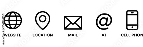 Black and white line icons, website, location, mail, email, phone symbols, modern minimalistic design elements