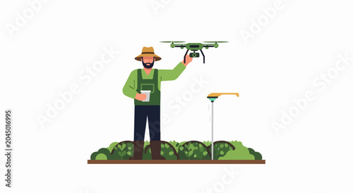 Modern Farmer Using Drone and Automated Irrigation System for Smart Agriculture Flat Vector Illustration
