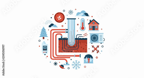 Geothermal Energy System Infographic for Sustainable Home Heating and Cooling Vector Illustration of Renewable Energy, Heat Pump Technology, and Eco-Friendly HVAC Solutions