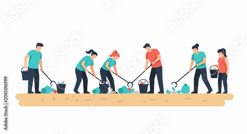 Volunteers Cleaning Up Trash and Litter Vector Illustration, Community Teamwork for Environmental Protection and Sustainability