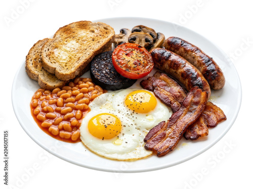 Full English breakfast with fried eggs, bacon, sausages, beans, and toast