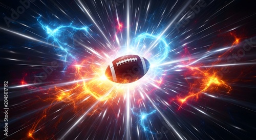American football with glowing energy burst and light streaks.