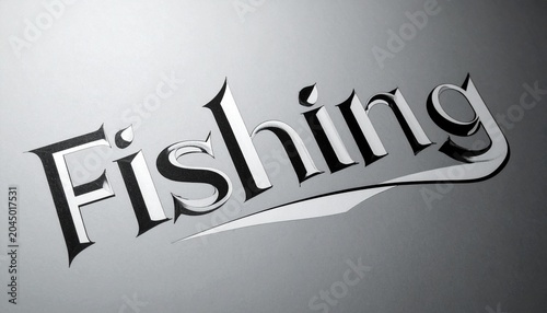 Stylized Metallic Fishing Text with Hook Motif on Gradient Background Symbolizing Outdoor Adventure, Sport, and Recreational Theme