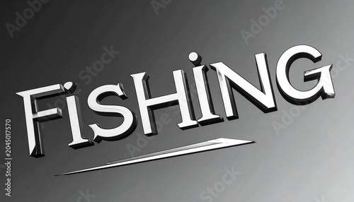 Stylized Metallic Fishing Text with Hook Motif on Gradient Background Symbolizing Outdoor Adventure, Sport, and Recreational Theme