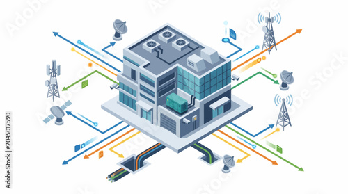 Foto Modern telecommunication building with global network connections