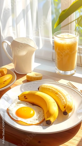 Sunny Breakfast Plate with Bananas and Fried Egg on Wooden Table by Window