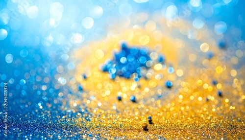 Abstract background with golden glitter foreground and blue bokeh lights, symbolizing celebration, balance, and luminous transformation.