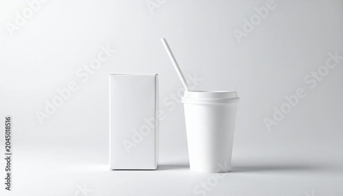   
White rectangular box and disposable cup with lid and straw on a light gray background, symbolizing minimalism, modern design, and product versatility.