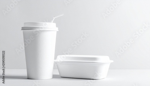   
White rectangular box and disposable cup with lid and straw on a light gray background, symbolizing minimalism, modern design, and product versatility.