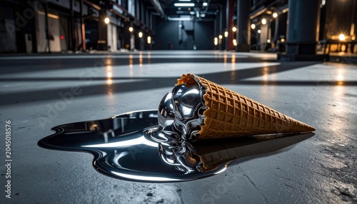 Ice cream cone spilling metallic liquid on gray concrete in an industrial setting, symbolizing transformation, fragility, and surreal contrast between playfulness and technology.