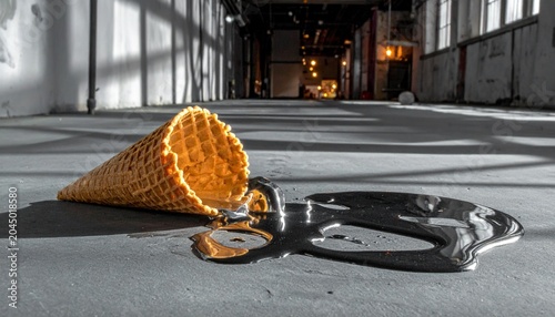 Ice cream cone spilling metallic liquid on gray concrete in an industrial setting, symbolizing transformation, fragility, and surreal contrast between playfulness and technology.