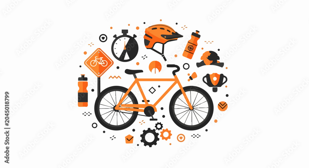 Fototapeta premium Flat Vector Illustration of Bicycle Icons and Cycling Equipment in Orange and Black Theme