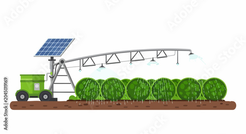 Smart Agricultural Irrigation System Powered by Solar Panels. Vector Illustration of Sustainable Farming Technology for Automatic Crop Watering.