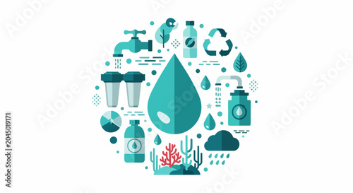 Water Conservation and Ecology Flat Vector Illustration with Drop, Recycle, and Purification Icons
