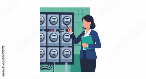 Female Auditor Checking Smart Electric Meters for Energy Efficiency and Utility Management