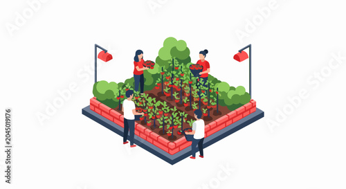 Isometric Illustration of People Harvesting Organic Tomatoes in an Urban Raised Brick Garden Bed - Sustainability and Community Farming Concept