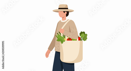 Eco-friendly person carrying a reusable tote bag full of fresh organic vegetables. Flat vector illustration of sustainable lifestyle and healthy grocery shopping.
