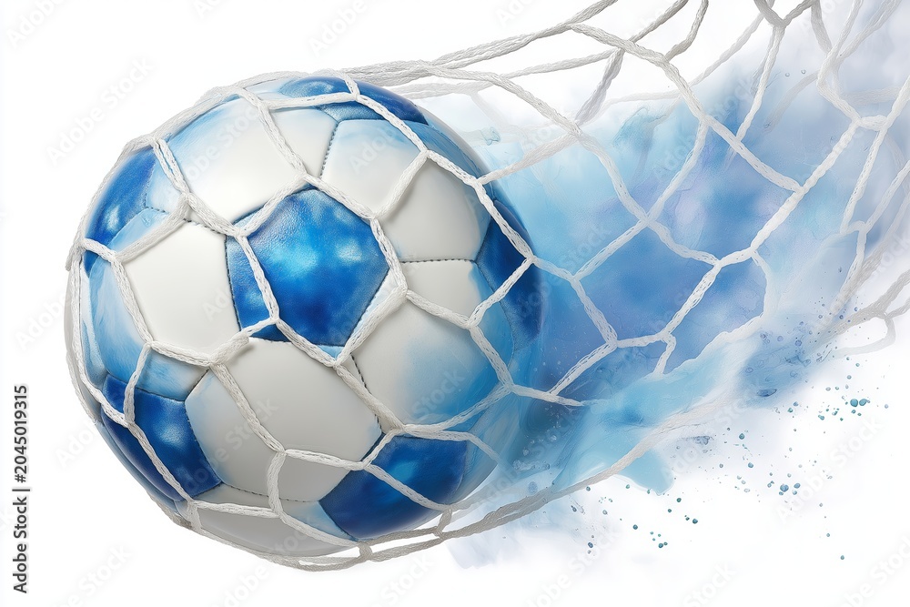 Fototapeta premium Dynamic close-up of blue and white soccer ball hitting the net with splash effect isolated on white background for sports design