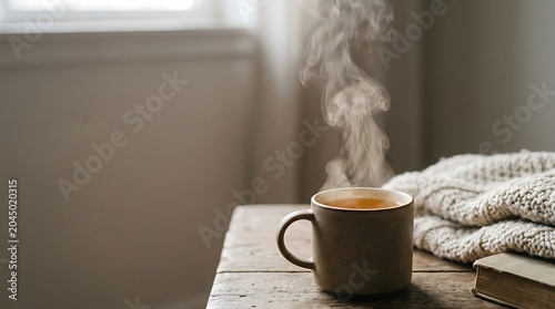Cozy Morning Coffee Steam Rising from Mug Beside Blanket and Book.