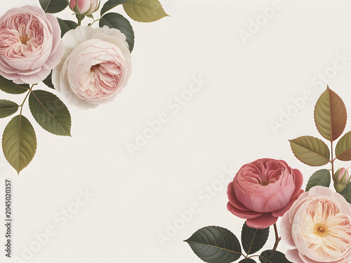 An elegant vintage frame featuring delicate pink garden roses and botanical foliage, with a romantic floral border with copy space.