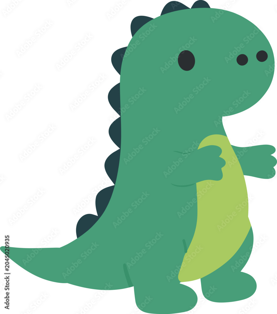 Fototapeta premium Cute green dinosaur cartoon character with friendly expression in simple flat vector style
