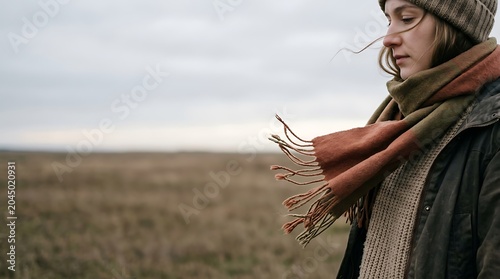 Young Woman Wearing Scarf and Beanie in a Field.